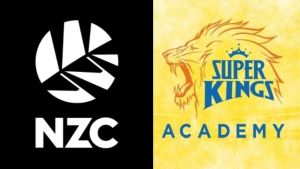 Side-by-side logos of New Zealand Cricket (NZC) and Super Kings Academy, representing a collaboration or partnership.
