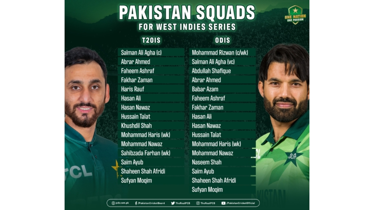 Official graphic listing Pakistan's T20I and ODI squads for the West Indies series, featuring players like Mohammad Rizwan, Babar Azam, Shaheen Afridi, and Salman Ali Agha.