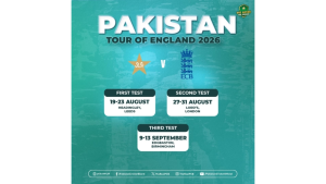 Schedule poster for Pakistan's 2026 Test tour of England, featuring three matches against England at Leeds, London, and Birmingham in August and September.