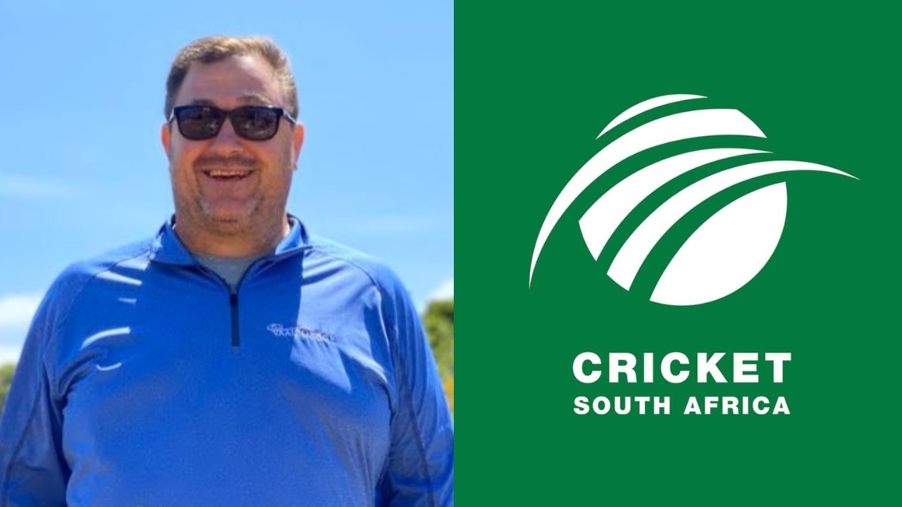Patrick Moroney smiling outdoors next to the official logo of Cricket South Africa on a green background.