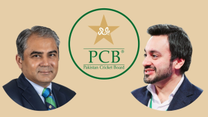 Pakistan Cricket Board (PCB) logo centered between portraits of Mohsin Naqvi and Salman Naseer on a beige background.