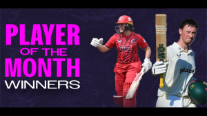 Cricketers Adam Hose and Ailsa Lister featured as Player of the Month winners, shown in action poses with bold purple text announcing the accolade.