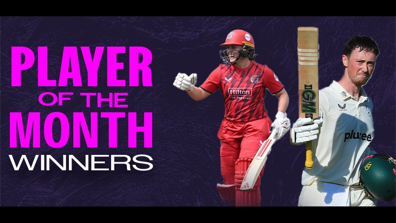 Cricketers Adam Hose and Ailsa Lister featured as Player of the Month winners, shown in action poses with bold purple text announcing the accolade.