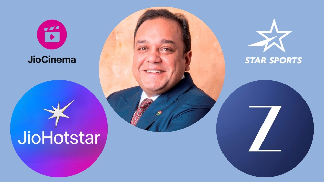 Punit Goenka at the center surrounded by logos of ZEE, JioHotstar, JioCinema, and Star Sports, representing major cricket broadcast and streaming platforms.
