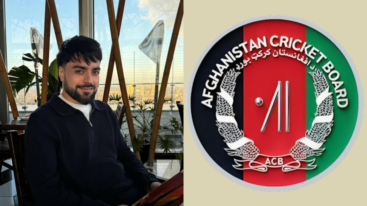 Rashid Khan sitting indoors next to the official Afghanistan Cricket Board (ACB) logo featuring the national flag colors and cricket stumps.