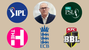 Portrait of Richard Gould surrounded by logos of major cricket leagues: IPL, PSL, The Hundred, ECB, and BBL.