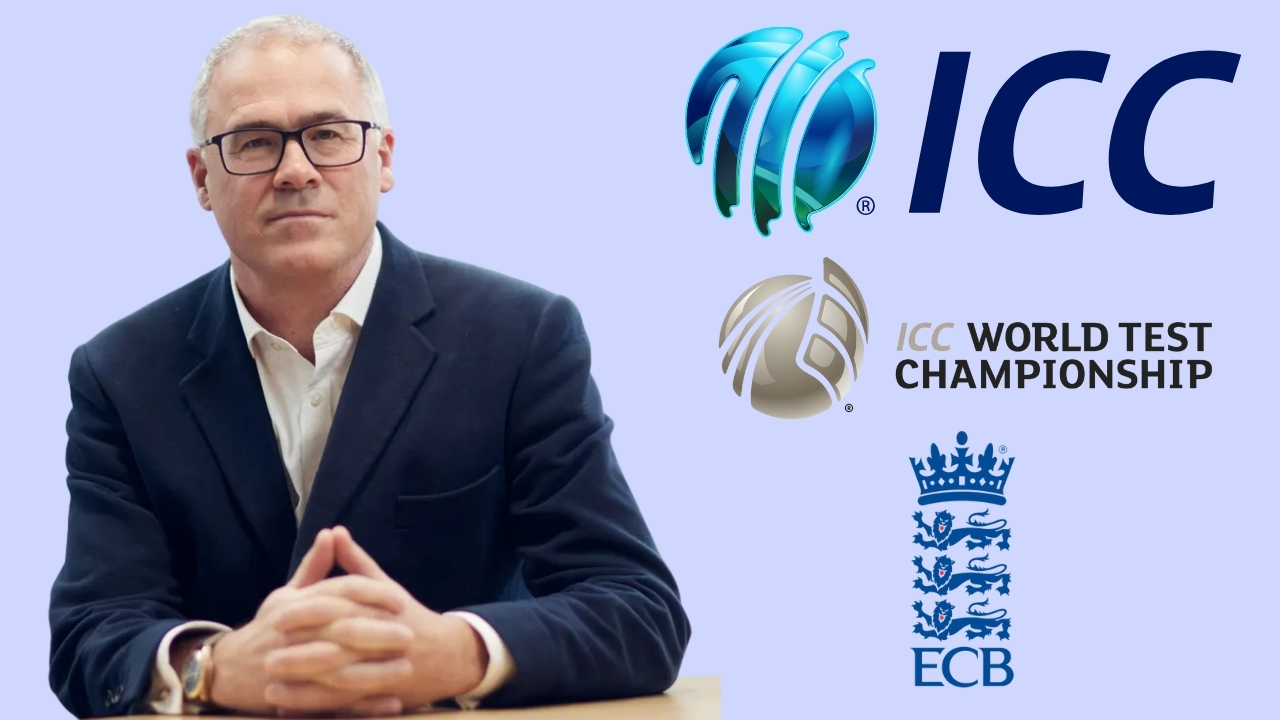 ECB Chief Executive Richard Gould pictured alongside ICC, World Test Championship, and ECB logos, highlighting leadership role in 2025 cricket governance.