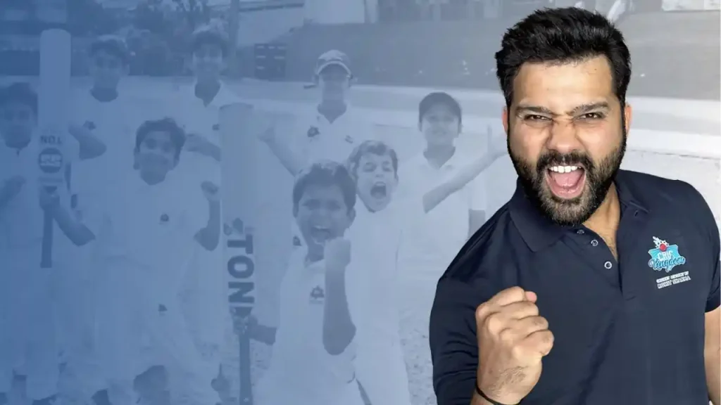 Rohit Sharma celebrating in a CricKingdom shirt with young cricket academy players in the background, showing enthusiasm and team spirit.
