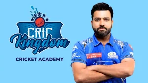 Indian cricketer Rohit Sharma wearing a Mumbai Indians jersey standing next to the CricKingdom Cricket Academy logo on a blue background.