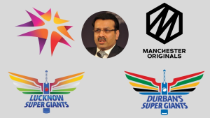 Collage featuring RPSG Group owner Sanjiv Goenka along with team logos of Lucknow Super Giants, Durban’s Super Giants, and Manchester Originals.