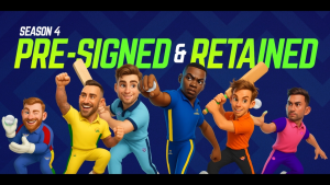 Animated cricketers representing SA20 Season 4 teams with the text "Pre-Signed & Retained" on a blue background.