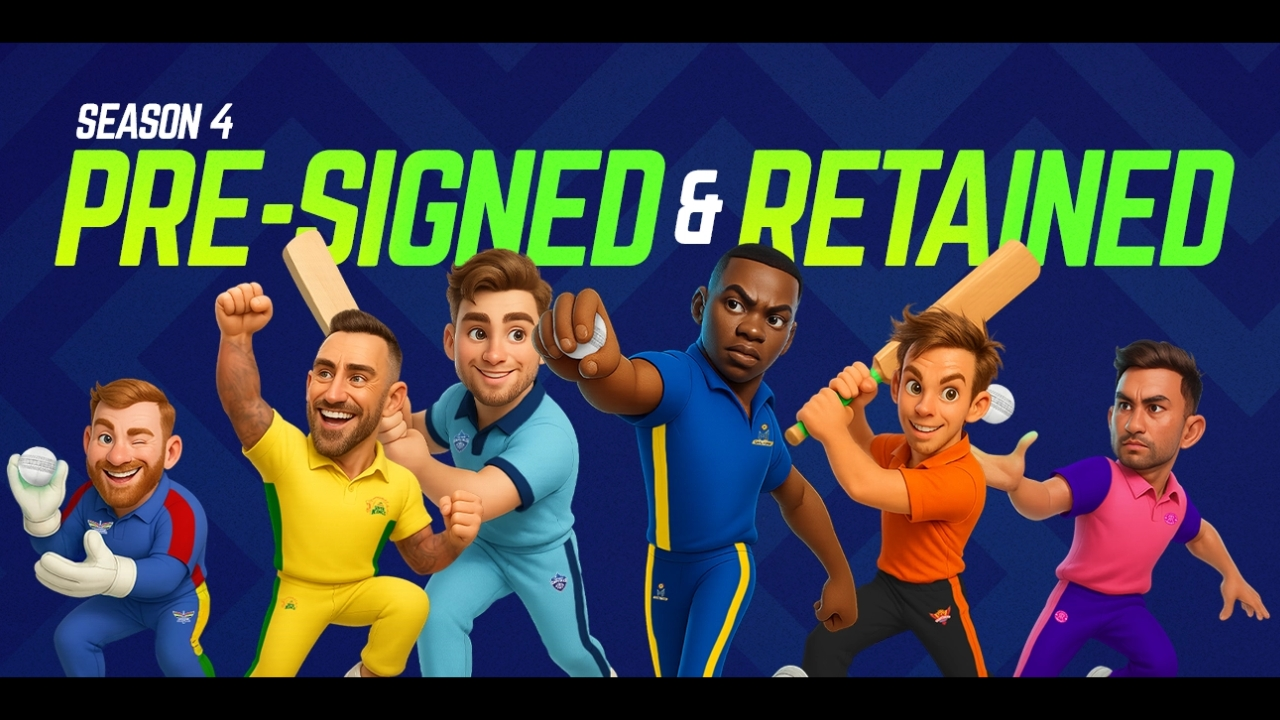 Animated cricketers representing SA20 Season 4 teams with the text "Pre-Signed & Retained" on a blue background.