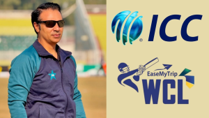 Former cricketer Salman Butt pictured alongside ICC and EaseMyTrip WCL logos, highlighting involvement in the 2025 cricket league.
