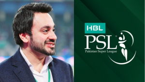 Salman Naseer standing beside the HBL Pakistan Super League (PSL) logo, representing his role in the tournament's administration.