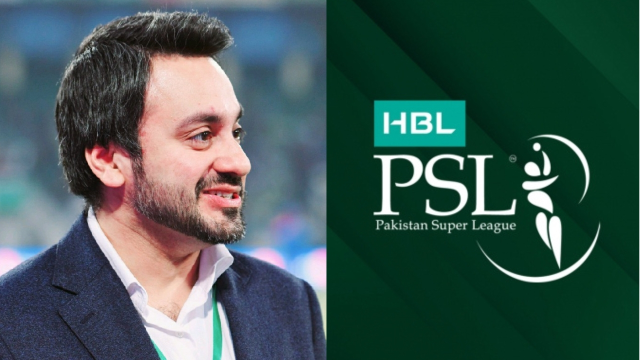 Salman Naseer standing beside the HBL Pakistan Super League (PSL) logo, representing his role in the tournament's administration.
