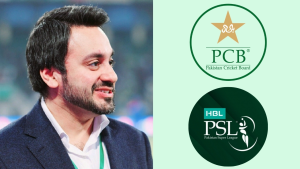 Salman Naseer smiling with PCB (Pakistan Cricket Board) and PSL (Pakistan Super League) logos displayed beside him.
