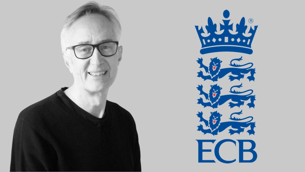 Portrait of Sir Michael Barber next to the logo of the England and Wales Cricket Board (ECB) on a grey background.