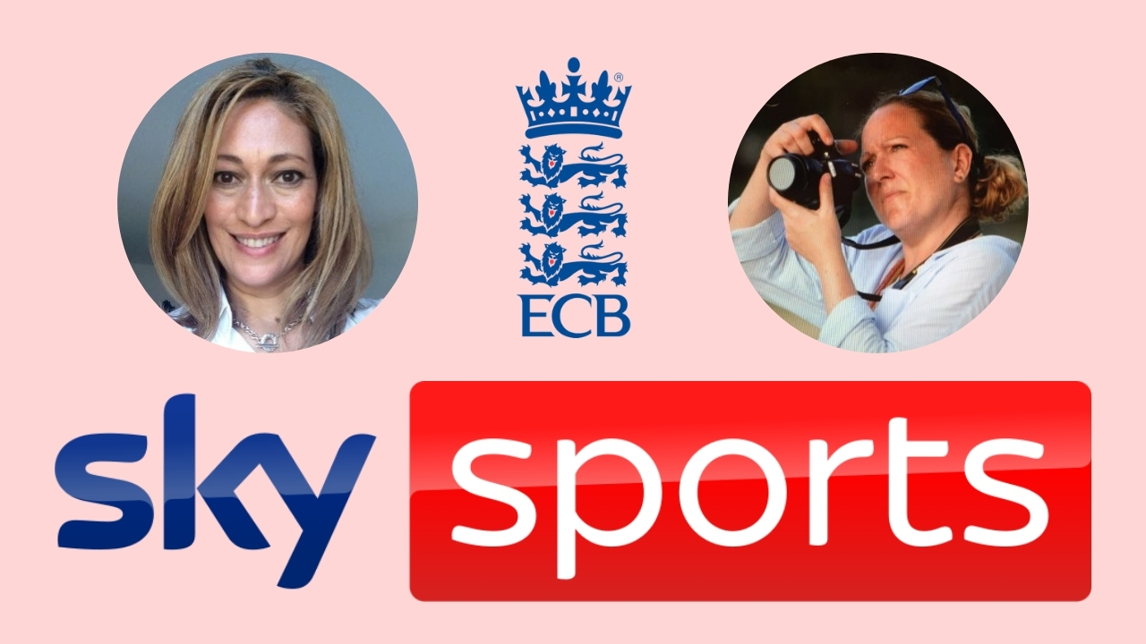 Sky Sports and England and Wales Cricket Board (ECB) logos with photos of Bridget Bremner and Liz Thorne, highlighting a media collaboration or event.