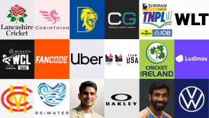 Collage featuring logos of cricket teams, brands, tournaments, and players including Lancashire Cricket, WCL, TNPL, Cricket Ireland, Uber, LA28 Olympics, and images of players like Shubman Gill and Jasprit Bumrah.