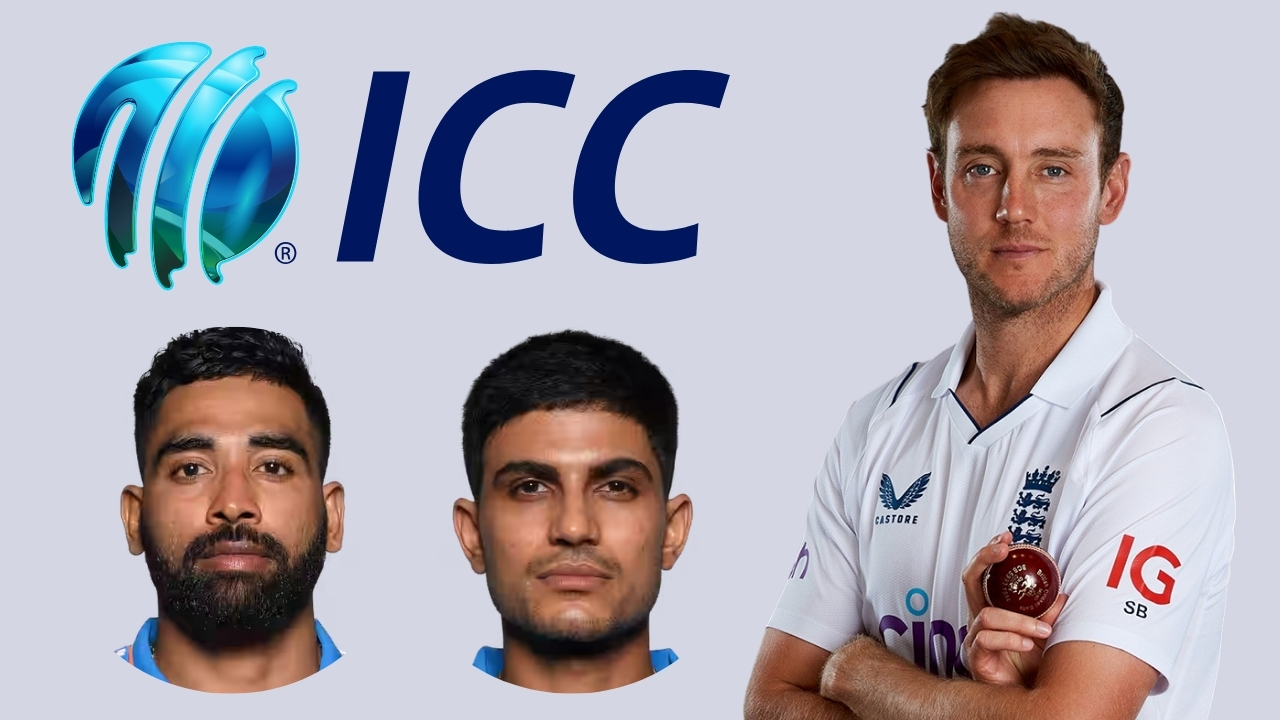 ICC logo with cricketers Stuart Broad holding a red ball, alongside headshots of Mohammad Siraj and Shubman Gill.