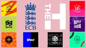 Logos of The Hundred cricket tournament teams including Trent Rockets, Southern Brave, Birmingham Phoenix, London Spirit, Welsh Fire, Super Chargers, Oval Invincibles, and Manchester Originals, with ECB and The Hundred branding at the center.