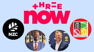 Logos of ThreeNow, Zimbabwe Cricket, and New Zealand Cricket alongside Givemore Makoni and Scott Weenink, highlighting an international cricket broadcast or partnership deal.