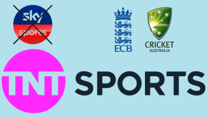 TNT Sports logo featured prominently alongside crossed-out Sky Sports logo, with ECB and Cricket Australia logos, indicating a broadcasting change.