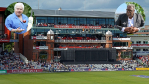 View of Trafford Cricket Stadium with inset images of Farokh Engineer and Clive Lloyd, honoring their cricket legacies.