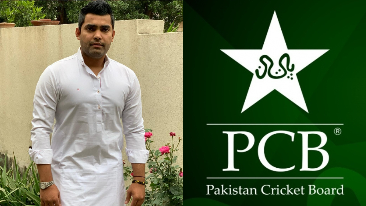 Umar Akmal standing outdoors in traditional attire next to the Pakistan Cricket Board (PCB) logo on a green background.