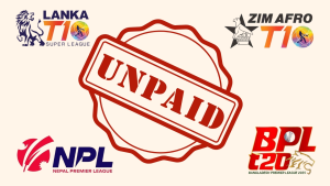 Logos of Lanka T10, Zim Afro T10, Nepal Premier League, and BPL T20 with a bold red "UNPAID" stamp, highlighting unpaid player controversies across multiple cricket leagues.