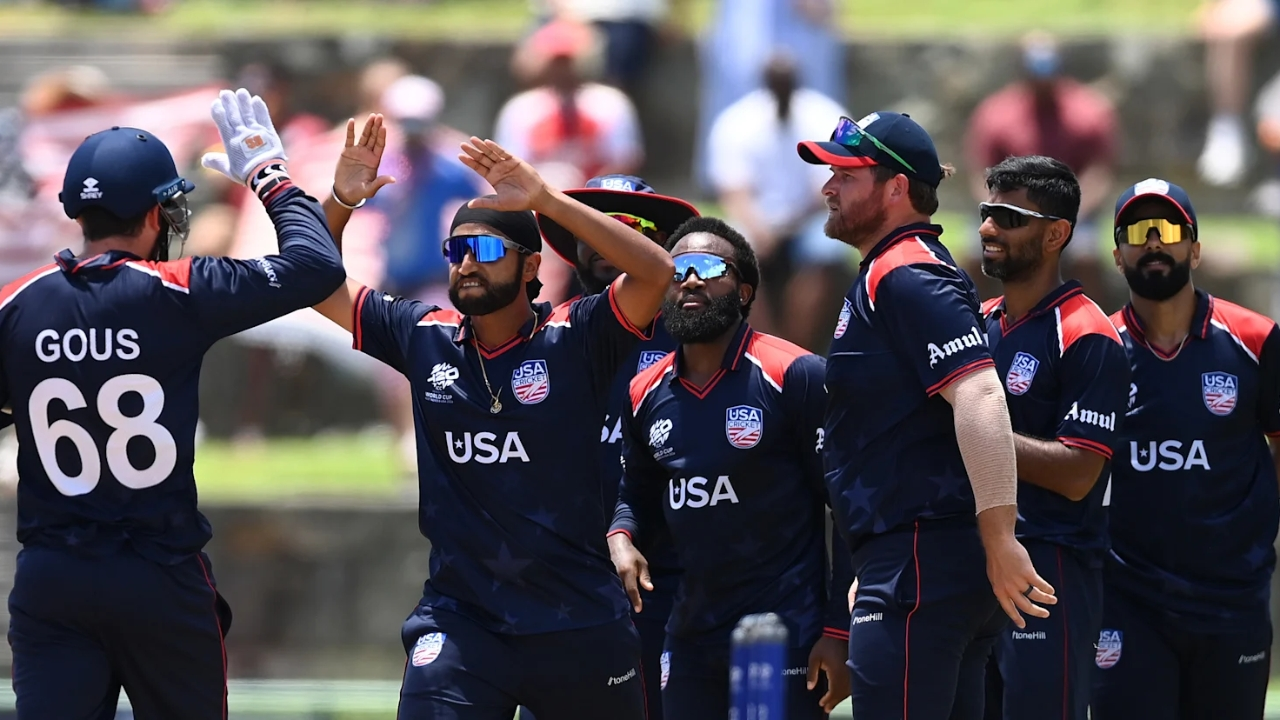 USA cricket team players celebrating during a match at the ICC T20 World Cup 2024.