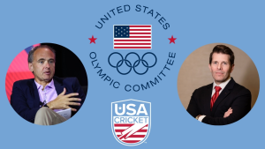 US Olympic Committee and USA Cricket logos with images of David Patterson and Johnathan Atkeison on a blue background.