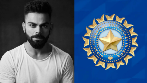 Virat Kohli in a white t-shirt alongside the BCCI (Board of Control for Cricket in India) logo, representing Indian cricket.