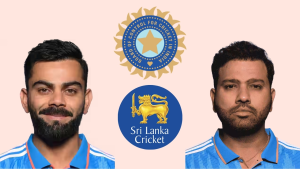 Portraits of Virat Kohli and Rohit Sharma in India jerseys with BCCI and Sri Lanka Cricket logos in the background, symbolizing India vs Sri Lanka cricket matchup.