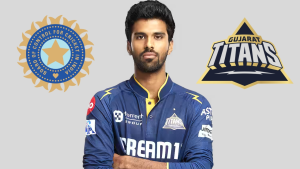Indian cricketer Washington Sundar in Gujarat Titans jersey with BCCI and Gujarat Titans logos in the background.
