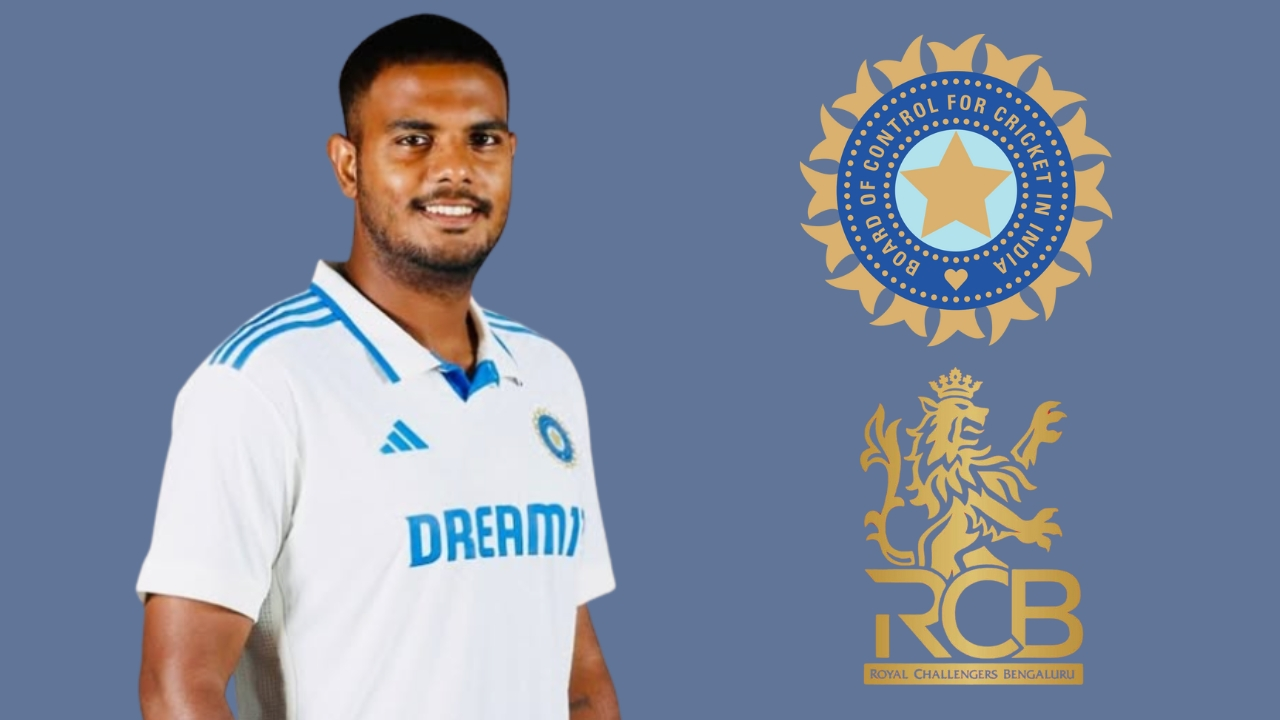 Yash Dayal in India’s cricket jersey with BCCI and Royal Challengers Bengaluru (RCB) logos in the background.