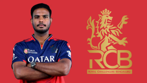 Yash Dayal in Royal Challengers Bengaluru jersey standing with arms crossed beside the RCB team logo on a red background.