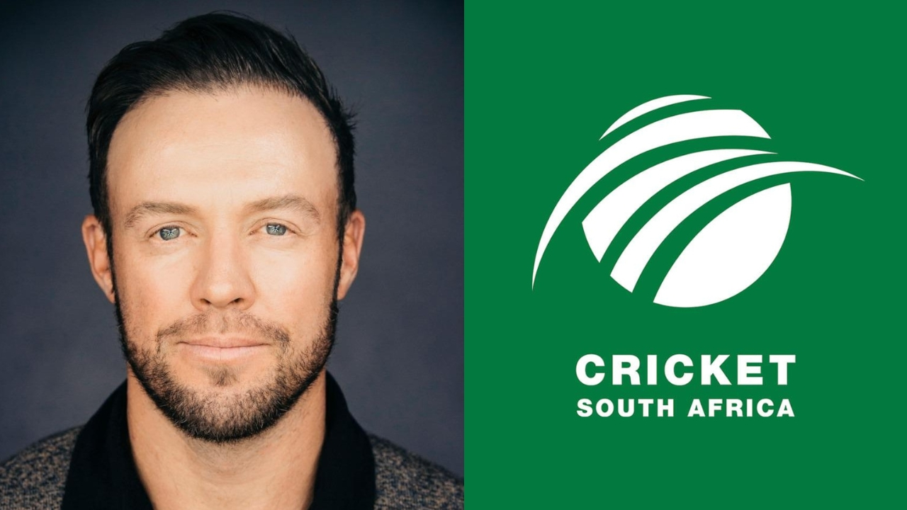 Portrait of South African cricketer AB de Villiers next to the Cricket South Africa (CSA) logo on a green background.