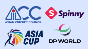 Logos of the Asian Cricket Council, Asia Cup, Spinny, and DP World on a light blue background