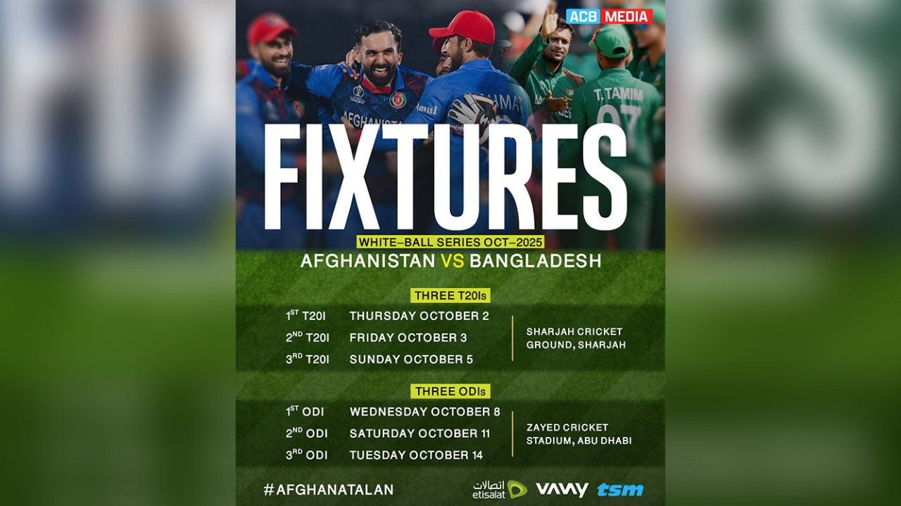 Poster displaying the white-ball series fixtures between Afghanistan and Bangladesh in October 2025, including three T20Is in Sharjah and three ODIs in Abu Dhabi.