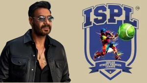Ajay Devgn standing beside the Indian Street Premier League (ISPL) logo featuring a colorful batsman and tennis ball