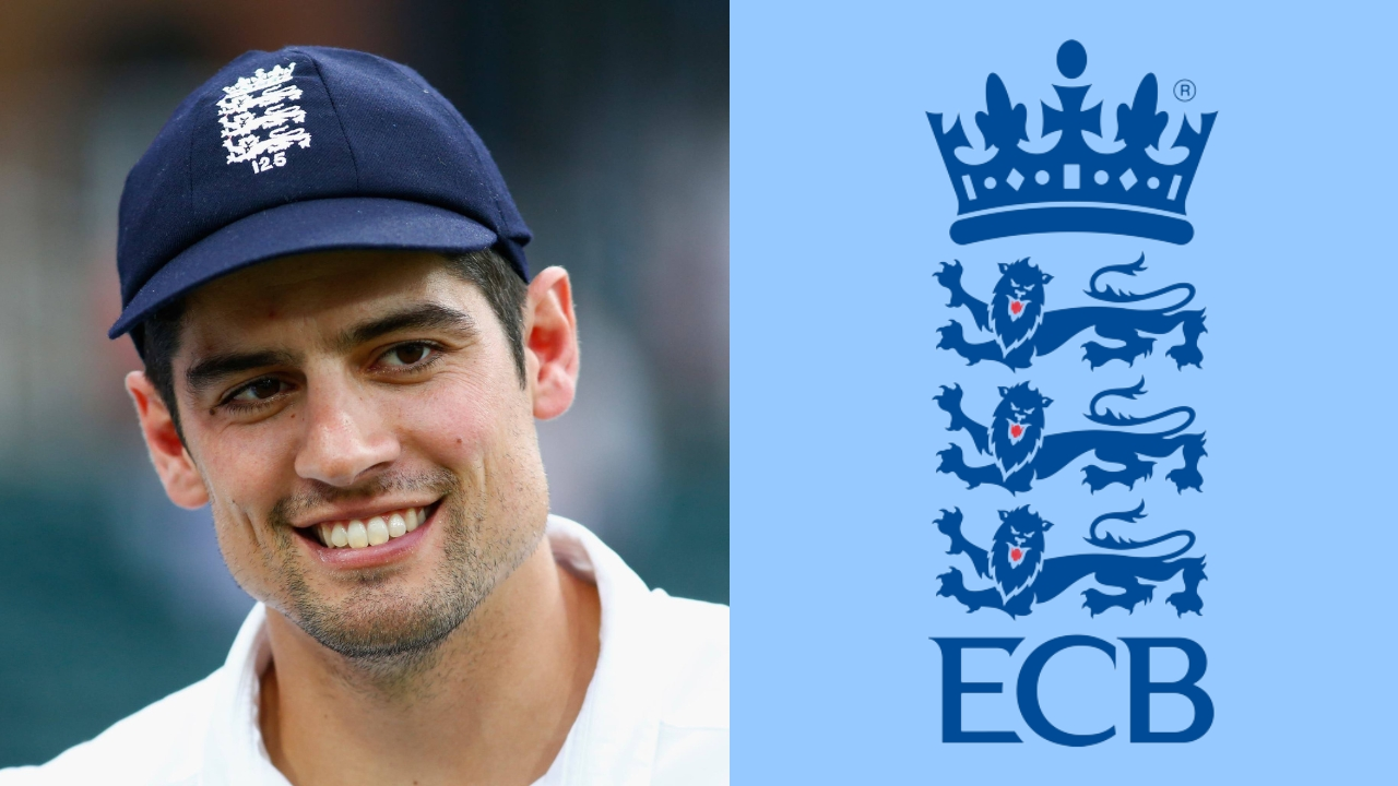 Former England cricket captain Alastair Cook smiling in uniform next to the England and Wales Cricket Board (ECB) logo.