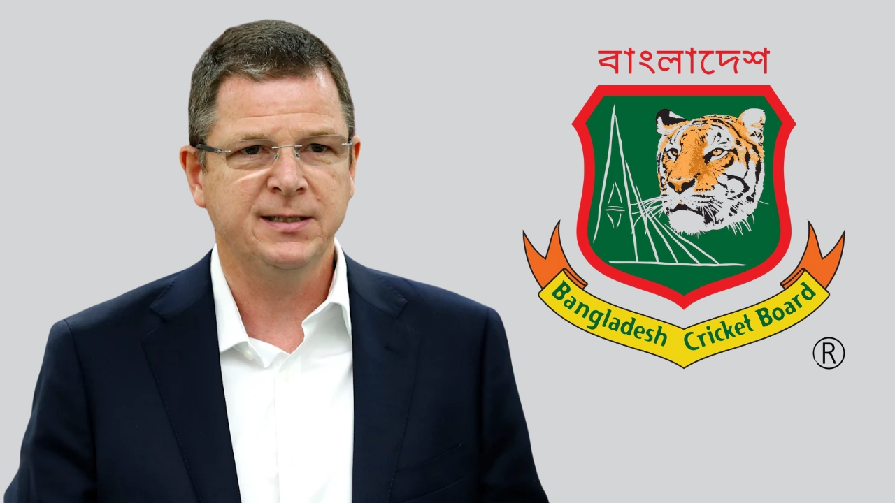ICC Anti-Corruption Unit head Alex Marshall in a suit standing beside the Bangladesh Cricket Board logo featuring a tiger and national monument.