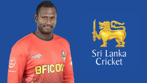 Angelo Mathews wearing a red cricket jersey standing next to the Sri Lanka Cricket logo on a blue background.