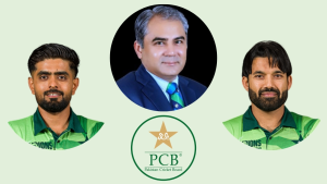 Image featuring Babar Azam, PCB Chairman Mohsin Naqvi, and Muhammad Rizwan alongside the Pakistan Cricket Board (PCB) logo on a light background.