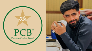 Babar Azam sitting with a cup in hand next to the Pakistan Cricket Board (PCB) logo