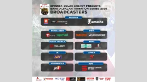 Official broadcasters for Bank Alfalah Trination Series 2025 across regions including Pakistan, India, Bangladesh, UK, North America, MENA, Africa, and more