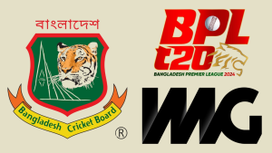 Logos of Bangladesh Cricket Board (BCB), Bangladesh Premier League (BPL) 2024, and IMG representing their cricket partnership.