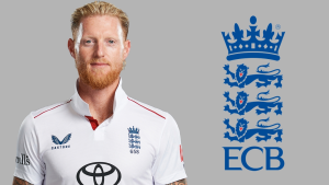 England cricketer Ben Stokes in official Test jersey posing alongside the England and Wales Cricket Board (ECB) logo on a grey background.