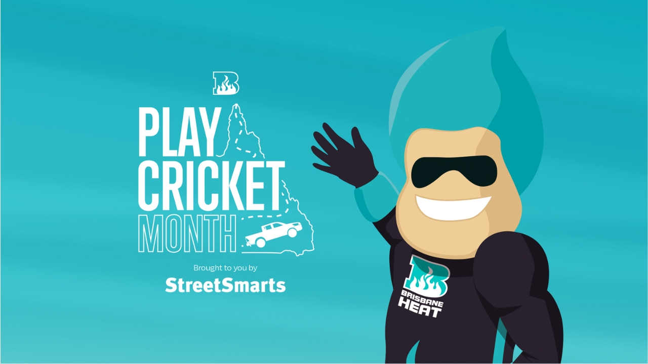 Brisbane Heat mascot waving next to "Play Cricket Month" promotional graphic presented by StreetSmarts.